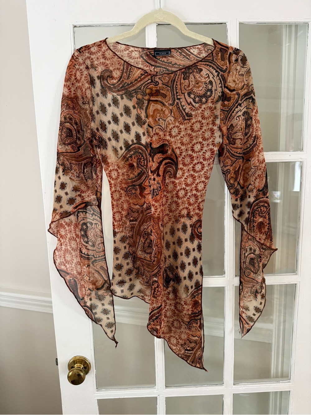 Vintage 2000’s Vixen Brown Paisley Sheer Asymmetrical Blouse with Fluted Sleeves